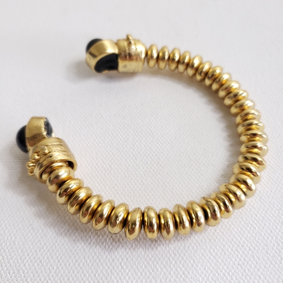 Chunky Vintage Yellow Goldtone Disc Cuff Bracelet w Black Glass Cabochons - Picture 16 of 16